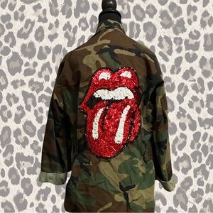 Upcycled Army Jacket Rolling Stones Rhinestones Size S/M